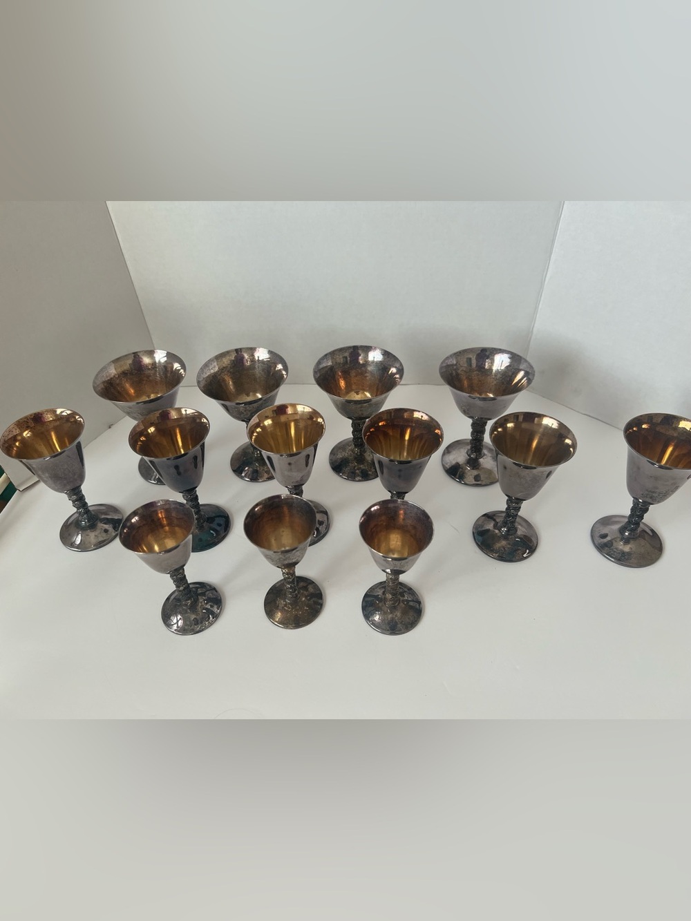 Vintage Plator Spain Silver Plate Goblet Set 13 Gold Washed Cordial Chalice cups